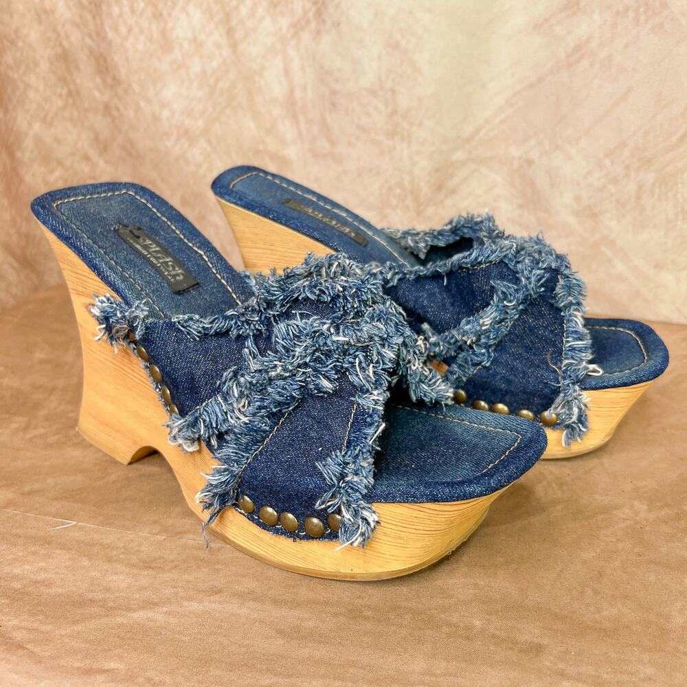 Vintage Y2K Splash Denim Fringe Wedge Platform Sandals High Heels 90s Studded - Picture 11 of 11